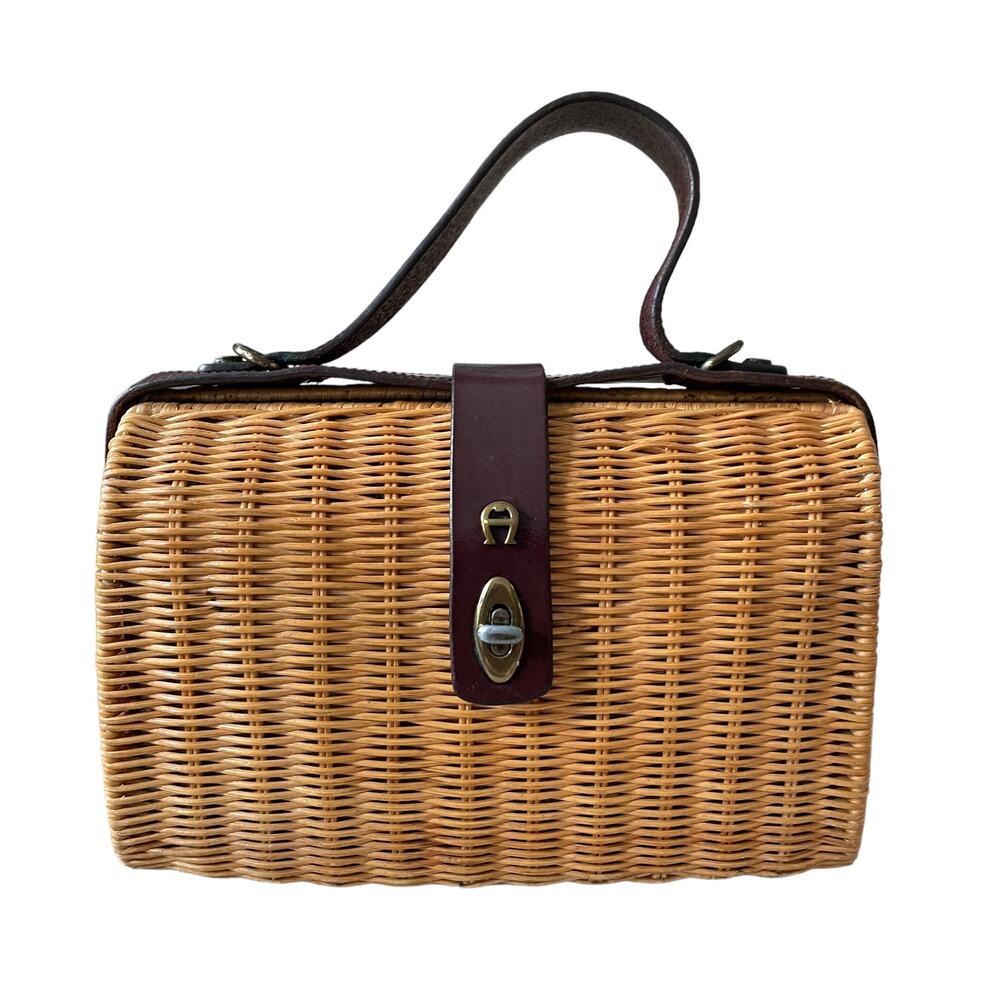 VTG 60s 70s ETIENNE AIGNER Wicker Rattan Handbag Brown Leather Trim Basket Purse